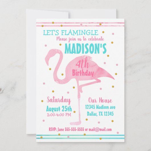 Waterverf Roze Flamingo Verjaardagsuitnodiging Kaart (Voorkant)