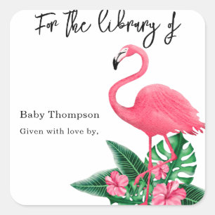 Waterverf roze flamingo - voor de bibliotheek van vierkante sticker
