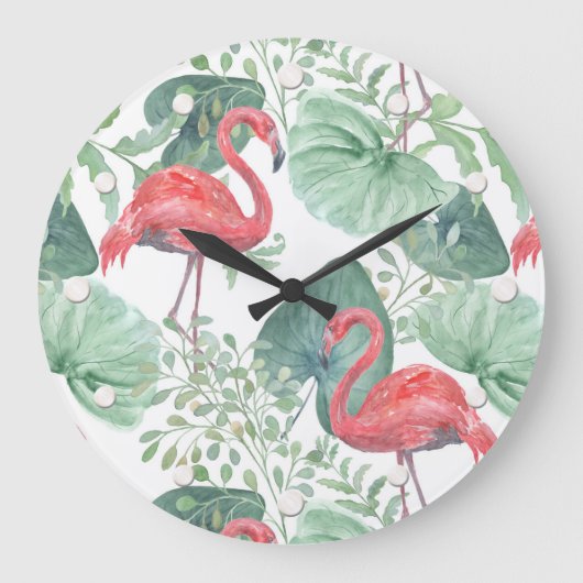 Waterverf Roze flamingo's en bladeren. Grote Klok (Voorkant)