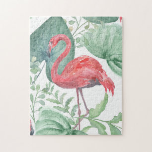 Waterverf Roze flamingos en bladeren. Legpuzzel