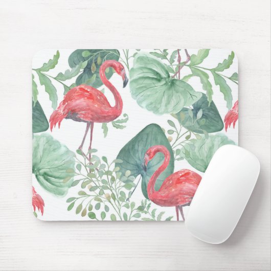 Waterverf Roze flamingos en bladeren. Muismat (Met muis)