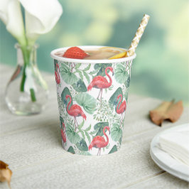 Waterverf Roze flamingos en bladeren. Papieren Bekers