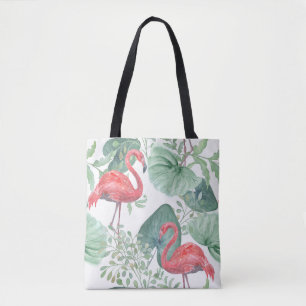 Waterverf Roze flamingos en bladeren. Tote Bag