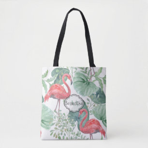 Waterverf Roze flamingos en bladeren. Tote Bag