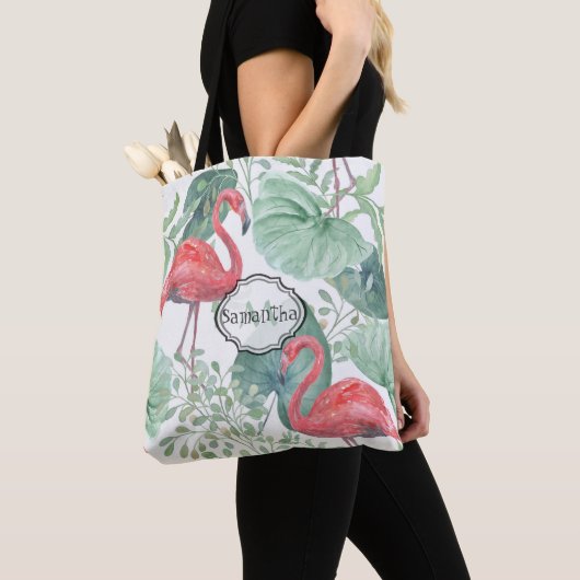 Waterverf Roze flamingos en bladeren. Tote Bag (Dichtbij)