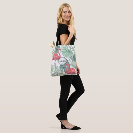 Waterverf Roze flamingos en bladeren. Tote Bag (Op model)