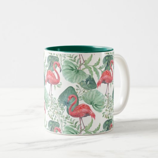 Waterverf Roze flamingos en bladeren. Tweekleurige Koffiemok (Voorkant rechts)
