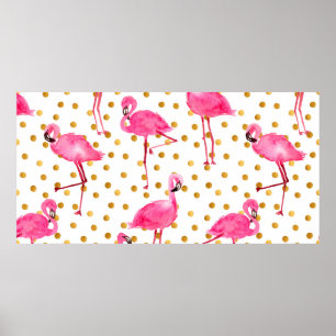 Waterverf roze flamingos met gouden stippen naadlo poster