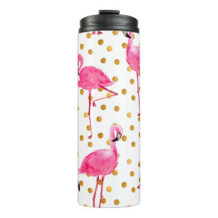 Waterverf roze flamingos met gouden stippen naadlo thermosbeker