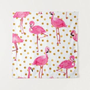 Waterverf roze flamingos met gouden stippen naadlo wandkleed