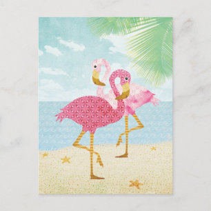 Waterverf Roze flamingos op het strand Briefkaart