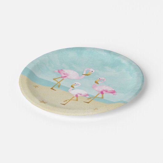 Waterverf Roze flamingos op het strand Papieren Bordje (Gekanteld)