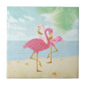Waterverf Roze flamingos op het strand Tegeltje (Voorkant)