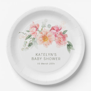 waterverf roze floraal baby shower papieren bordje