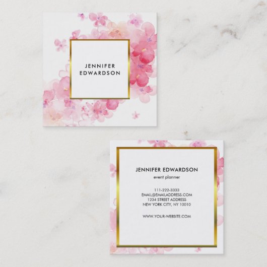 Waterverf roze floraal wit goud professional vierkante visitekaartje (Voorkant / Achterkant)