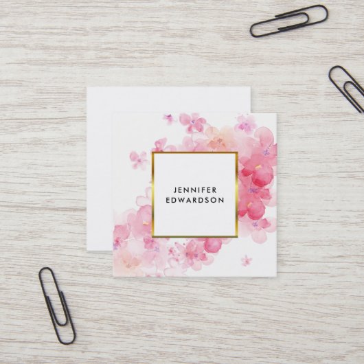 Waterverf roze floraal wit goud professional vierkante visitekaartje (Voorkant / Achterkant in situ)