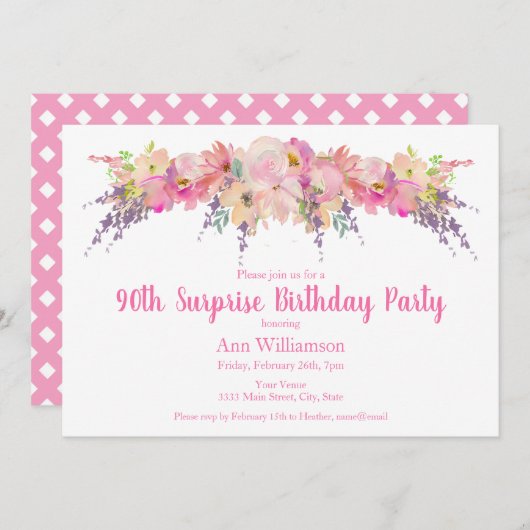 Waterverf Roze Floral 90ste verrassingsdag Kaart (Voorkant / Achterkant)
