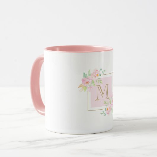 Waterverf Roze Floral Aangepaste Monogram koffie M Mok (Voorkant links)