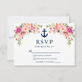 Waterverf Roze Floral Anchor Blue Stripes RSVP Kaartje (Voorkant)