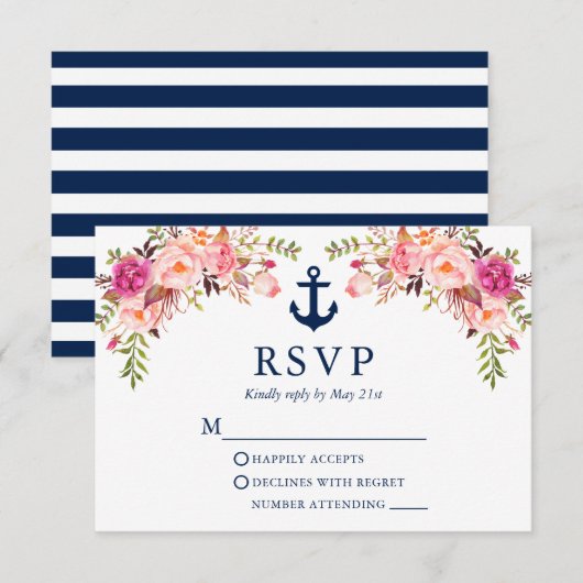 Waterverf Roze Floral Anchor Blue Stripes RSVP Kaartje (Voorkant / Achterkant)