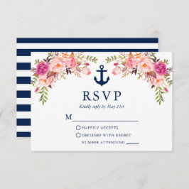Waterverf Roze Floral Anchor Blue Stripes RSVP Kaartje