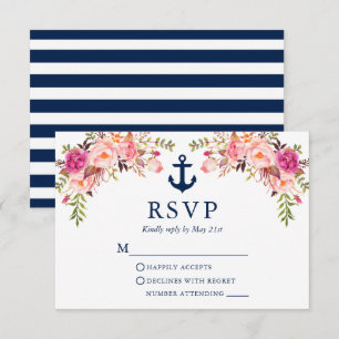 Waterverf Roze Floral Anchor Blue Stripes RSVP Kaartje