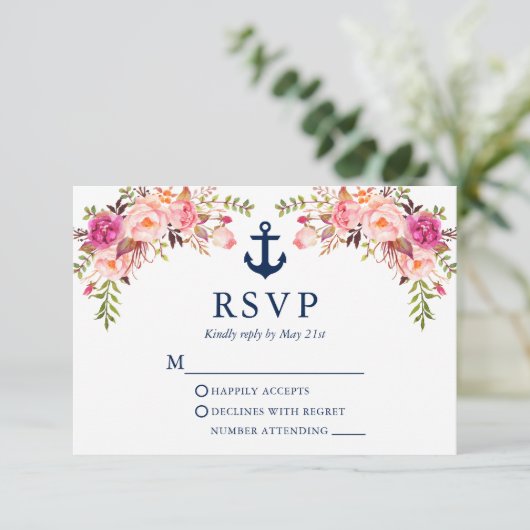 Waterverf Roze Floral Anchor Wedding Blue RSVP Kaartje (Staand voorkant)