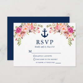 Waterverf Roze Floral Anchor Wedding Blue RSVP Kaartje