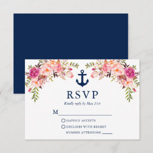 Waterverf Roze Floral Anchor Wedding Blue RSVP Kaartje