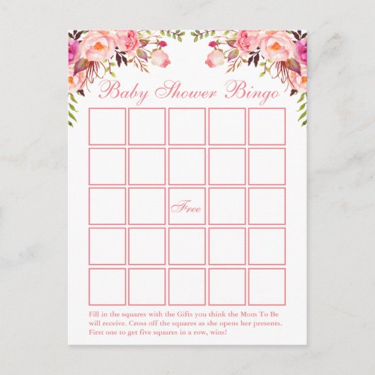 Waterverf Roze Floral Baby shower Bingo Card Uitnodiging Briefkaart (Voorkant)
