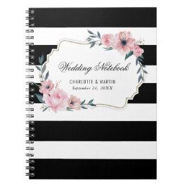 Waterverf Roze Floral Black Striped Wedding Notitieboek