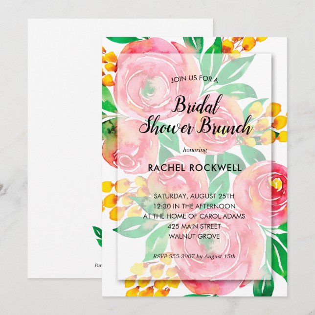 Waterverf Roze Floral Bridal Shower Invitations (Voorkant / Achterkant)
