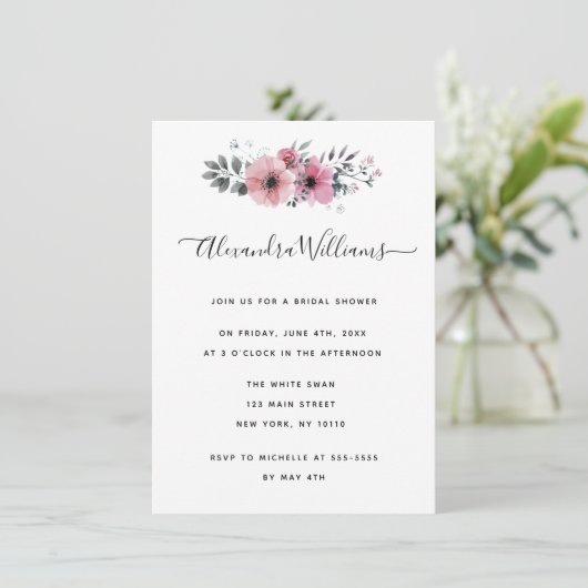 Waterverf Roze Floral Bridal Shower Invitations Kaart (Staand voorkant)