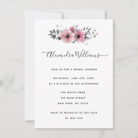 Waterverf Roze Floral Bridal Shower Invitations Kaart (Voorkant)