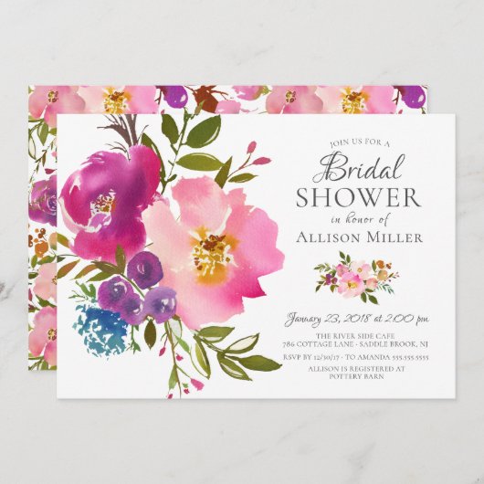 Waterverf Roze Floral Bridal Shower Invitations Kaart (Voorkant / Achterkant)