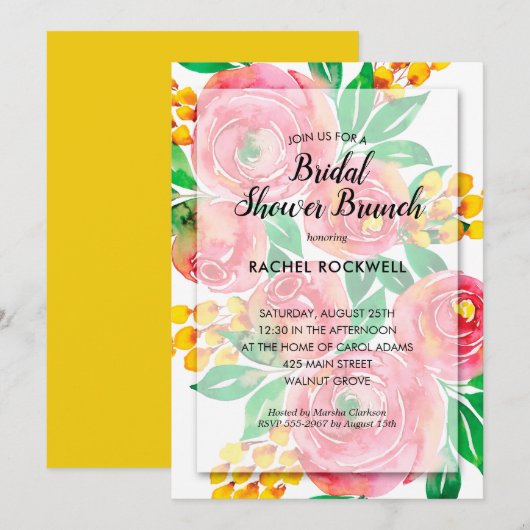 Waterverf Roze Floral Bridal Shower Invitations Kaart (Voorkant / Achterkant)