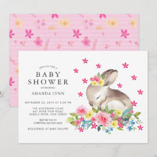 Waterverf Roze Floral Bunny Baby Girl Shower Kaart