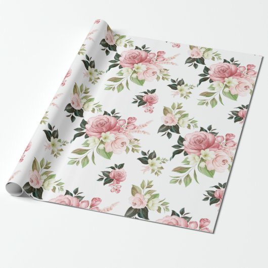 Waterverf Roze Floral Cadeaupapier (Uitgerold)