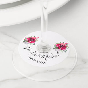 Waterverf Roze Floral Curve Script Wine Glass Labe Wijnglaslabel