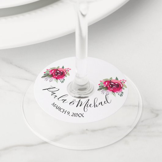 Waterverf Roze Floral Curve Script Wine Glass Labe Wijnglaslabel (Dichtbij)