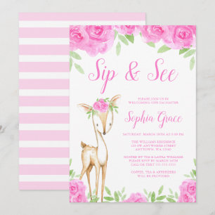 Waterverf Roze Floral Deer Girl Sip en zie Kaart