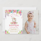 Waterverf Roze Floral een foto van Bunny Birthday Kaart (Voorkant)