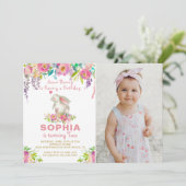 Waterverf Roze Floral een foto van Bunny Birthday Kaart (Staand voorkant)