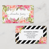 Waterverf Roze Floral Elegant Black Stripes Chic Visitekaartje (Voorkant / Achterkant)