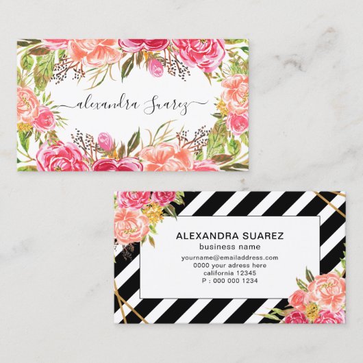 Waterverf Roze Floral Elegant Black Stripes Chic Visitekaartje (Voorkant / Achterkant)
