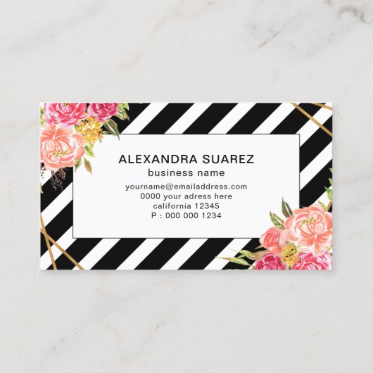 Waterverf Roze Floral Elegant Black Stripes Chic Visitekaartje (Achterkant)