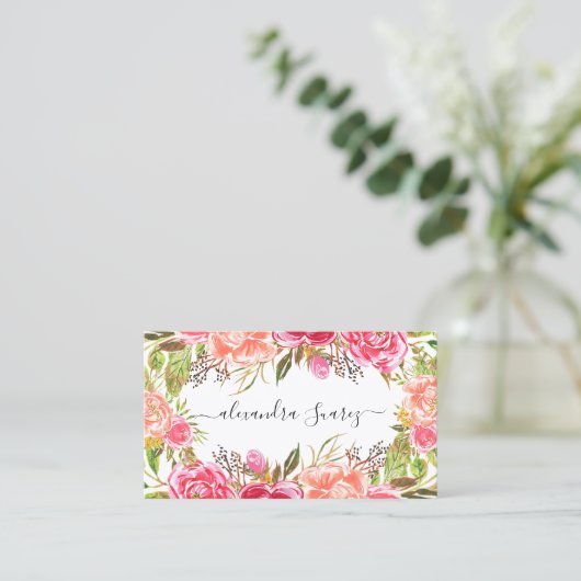 Waterverf Roze Floral Elegant Black Stripes Chic Visitekaartje (Staand voorkant)