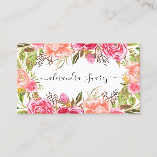 Waterverf Roze Floral Elegant Black Stripes Chic Visitekaartje (Voorkant)