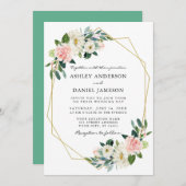 Waterverf Roze Floral Elegant Gold Lijst Neo Mint Kaart (Voorkant / Achterkant)