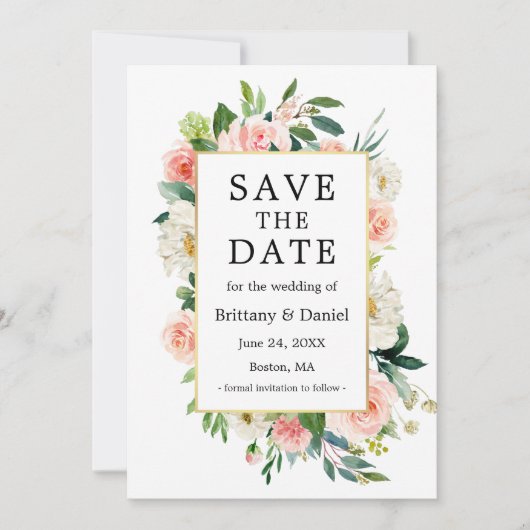 Waterverf Roze Floral Elegant Gold Lijst Save The Date (Voorkant)